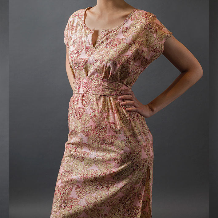 a dress made of pink printed light weight drapey cotton lawn fabric