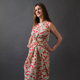 red printed light weight drapey cotton lawn fabric in a wrap dress