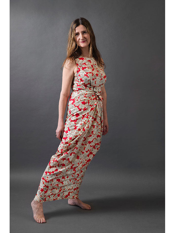 a wrap dress made of red printed light weight drapey cotton lawn fabric