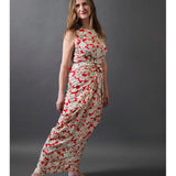 a wrap dress made of red printed light weight drapey cotton lawn fabric