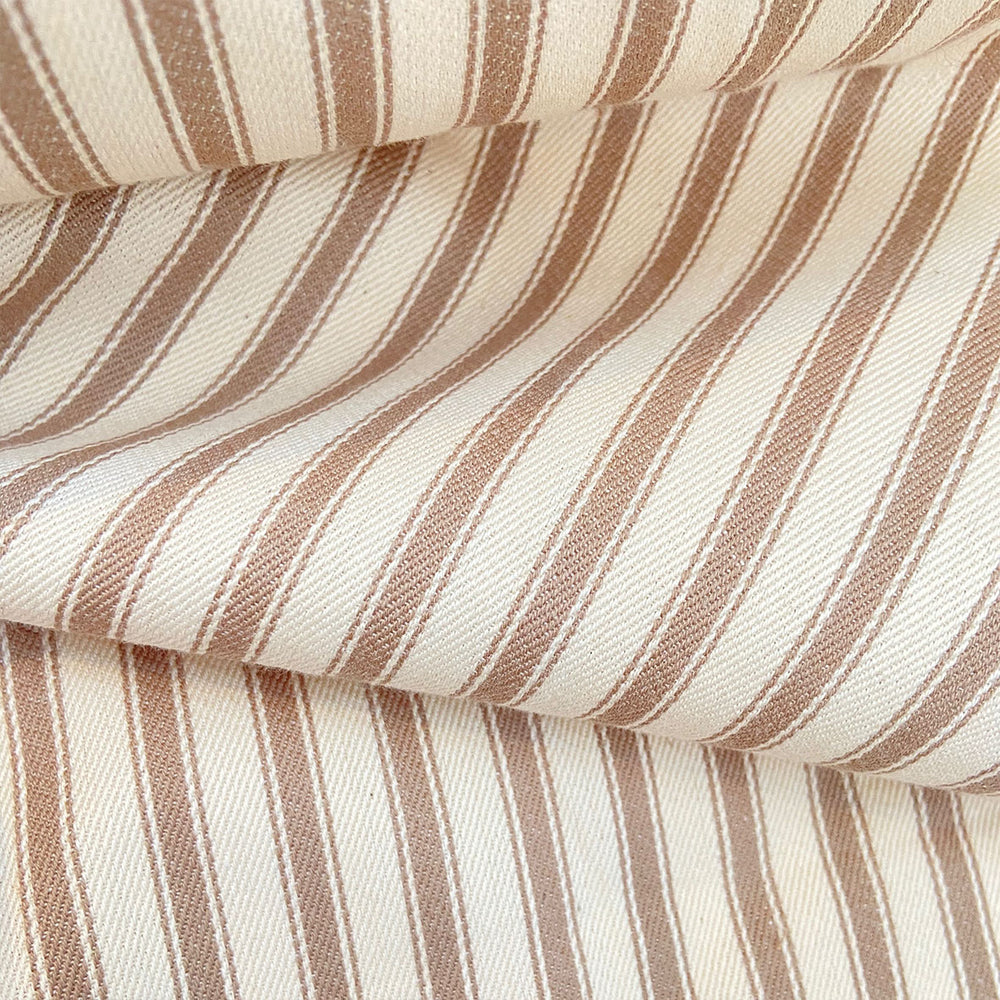 striped taupe brown and cream cotton ticking fabric