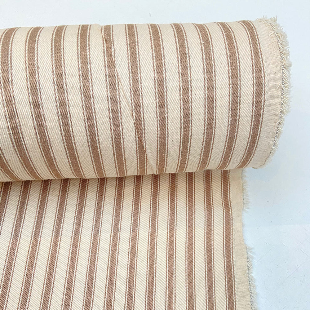 striped taupe brown and cream cotton ticking fabric