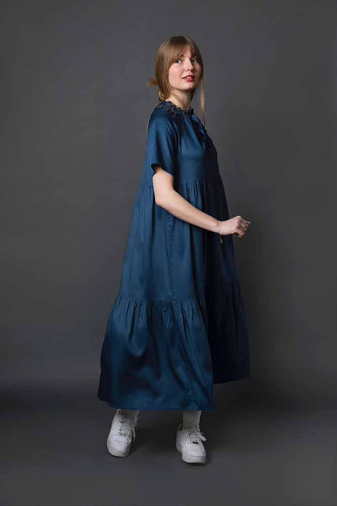 wilder dress made in organic bamboo blue silk fabric
