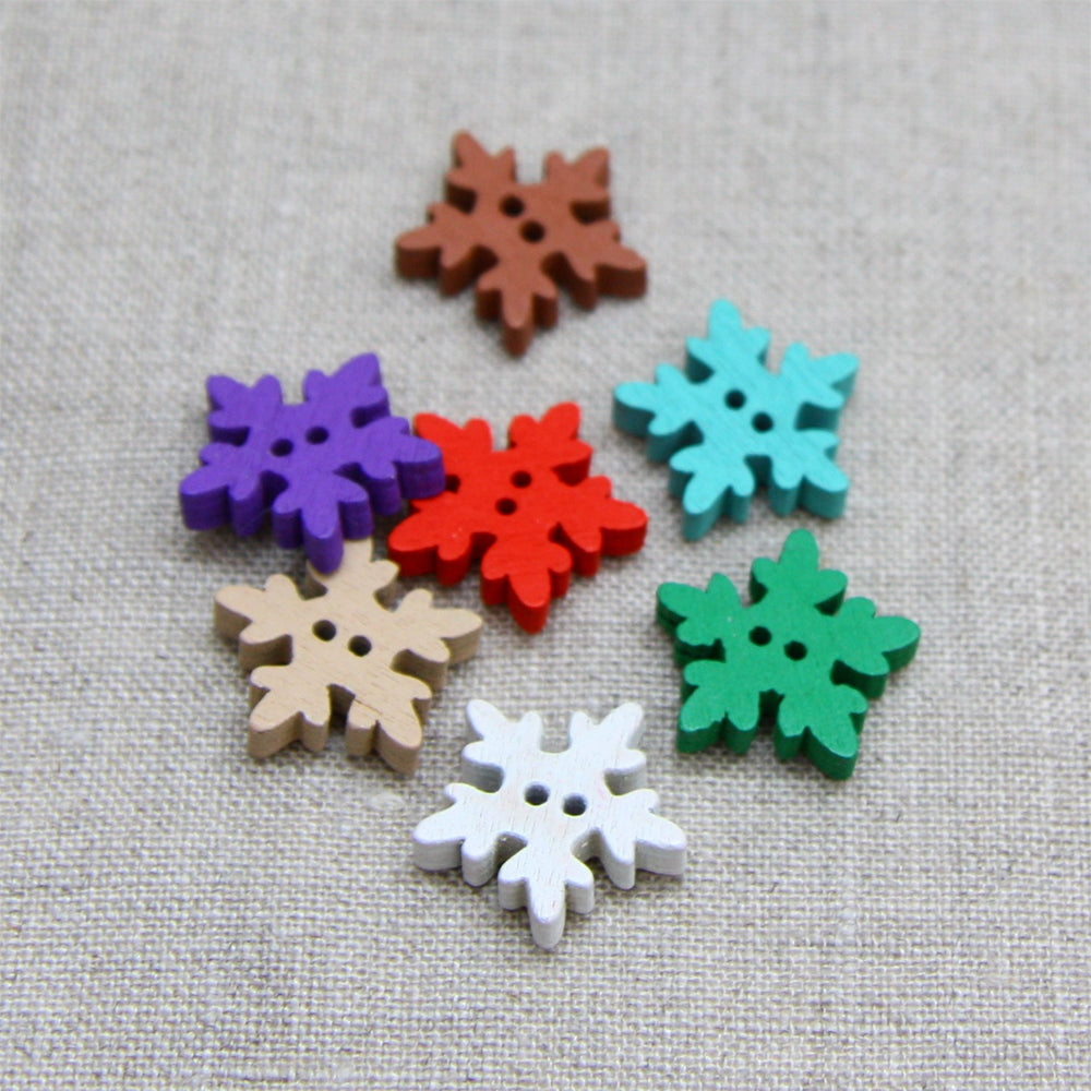 Christmas Buttons - Wooden Snowflake Colour Mix x 7