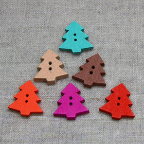Christmas Buttons - Wooden Tree Colour Mix x 6